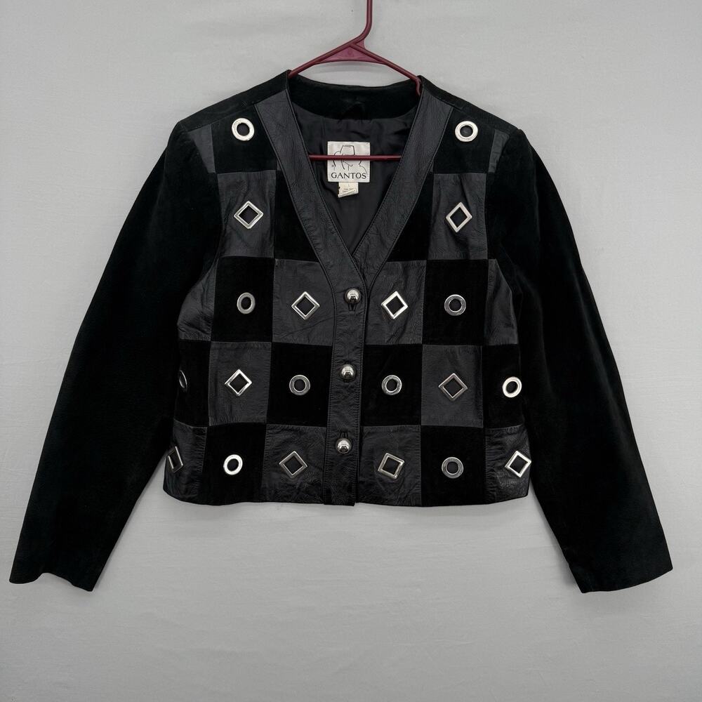 Vintage Gantos Leather and Suede Patchwork Studded Short Jacket Black Large